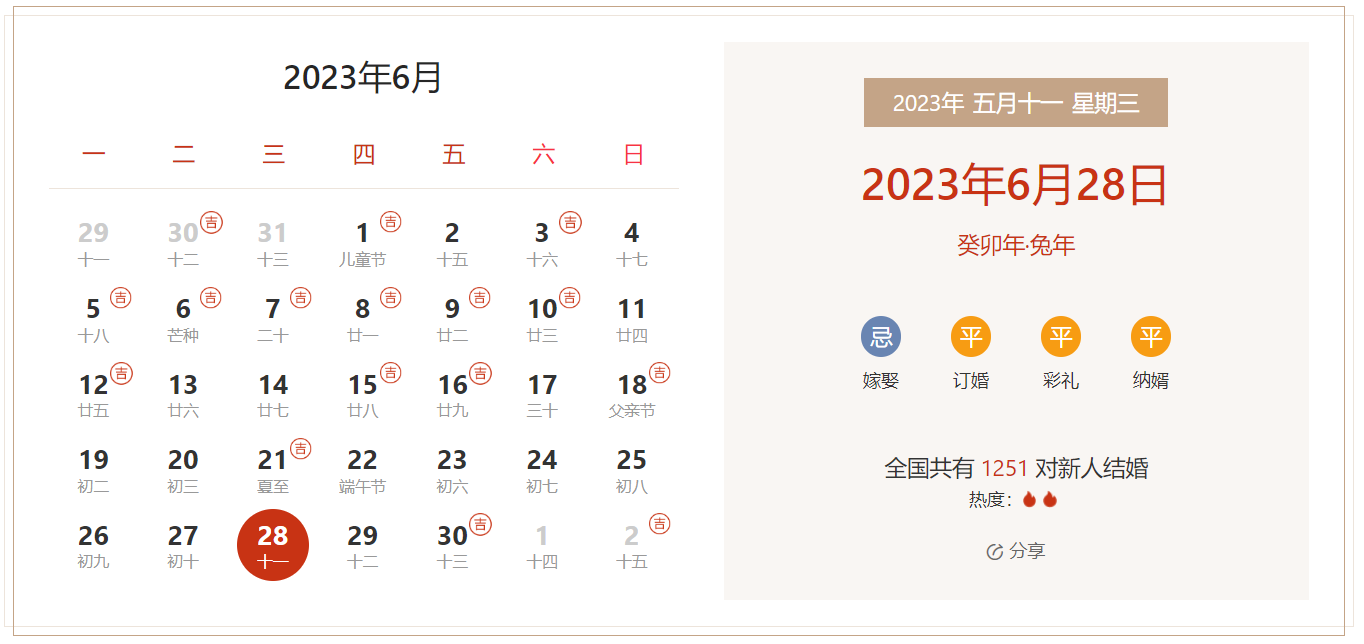 2023年6月28日是结婚吉日吗 适合结婚吗(婚礼筹备挑选吉日)