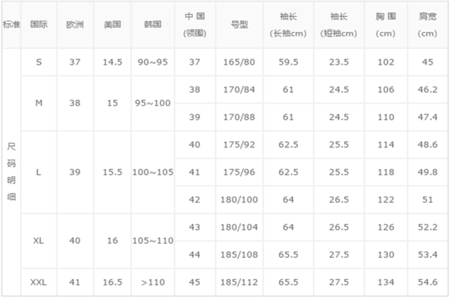 男士衬衫尺码对照表 世界主要国家男士衬衫尺码(结婚用品新郎服饰)