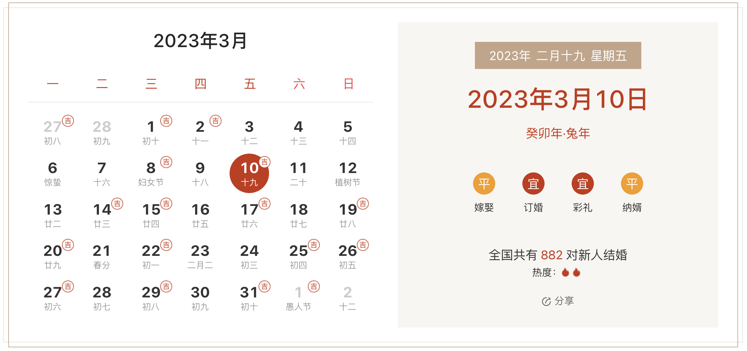 2023年3月10日是结婚吉日吗 适合结婚嫁娶吗(婚礼筹备挑选吉日)