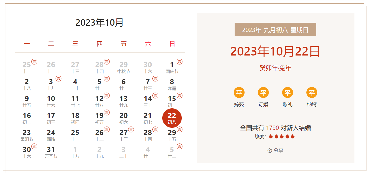 2023年10月22日是结婚吉日吗 适合结婚嫁娶吗(婚礼筹备挑选吉日)