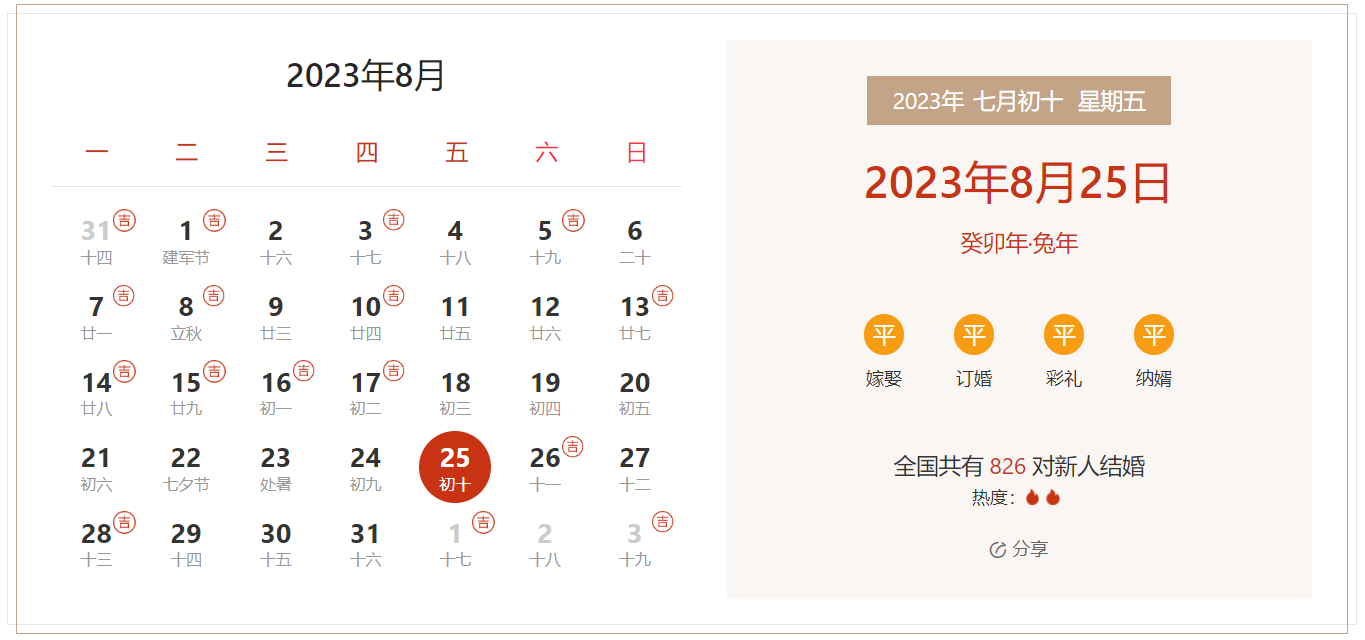 2023年8月25日是结婚吉日吗 适合结婚或领证吗(婚礼筹备挑选吉日)