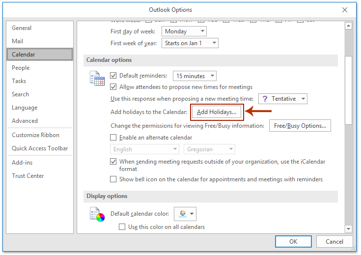 如何在Outlook中将假期添加到默认/第二/公共日历中？