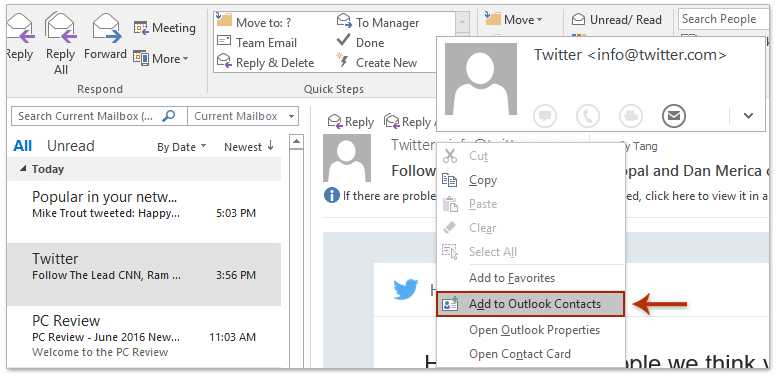 如何在Outlook中批量添加所有/多个电子邮件的发件人到联系人？ 第1张